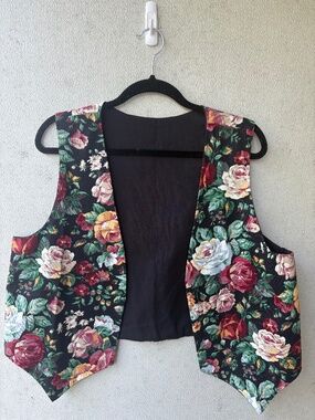 New Humor Floral Vest Womens L Black Rose Open Front Pointed Hem 90s Cottagecore